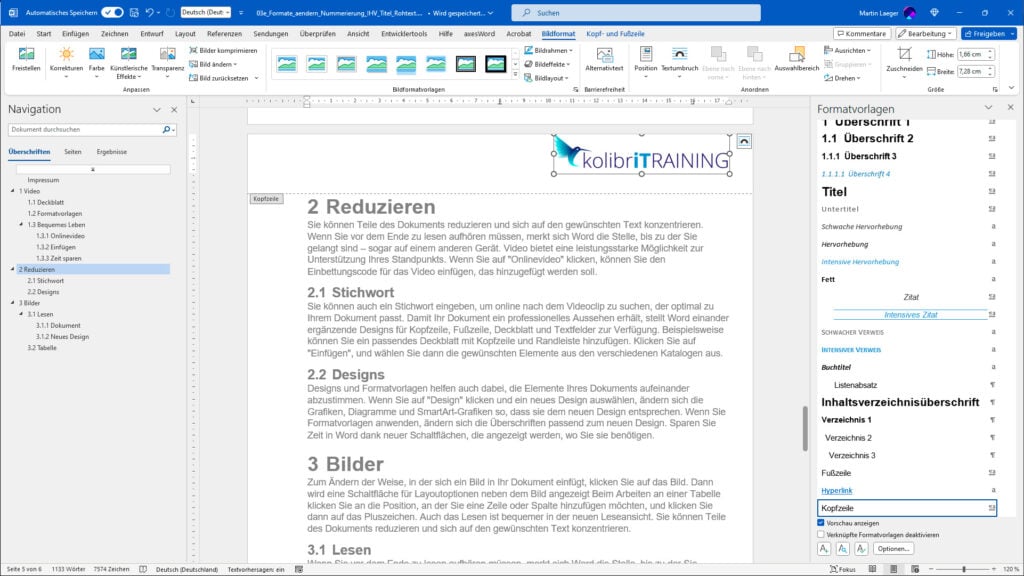 Word Schulung Fortgeschrittene Formatvorlagen