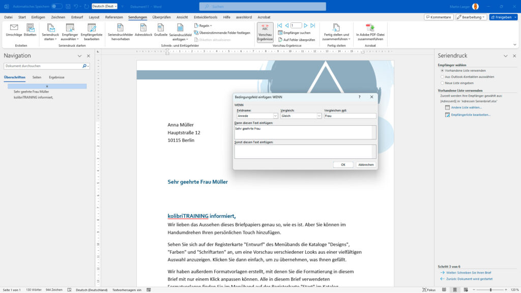 MS Word Grundlagen Schulung Serienbrief