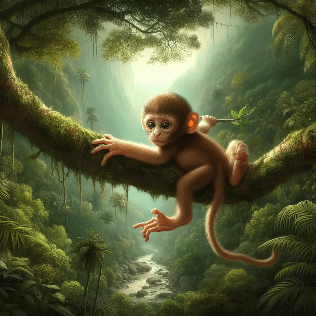 Mit der KI DALL E3 generiertes Bild, Affe Gemälde, Affen-Baby, Prompt Schulung