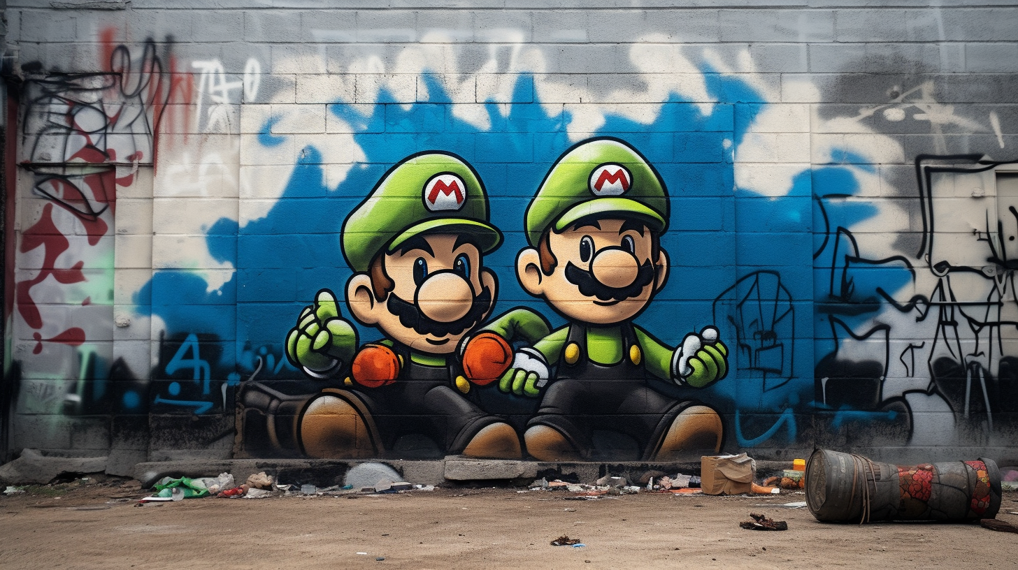 Mit der KI Midjourney 5.2 generiertes Bild, Street Art, Prompt Schulung Beispiel Super Mario